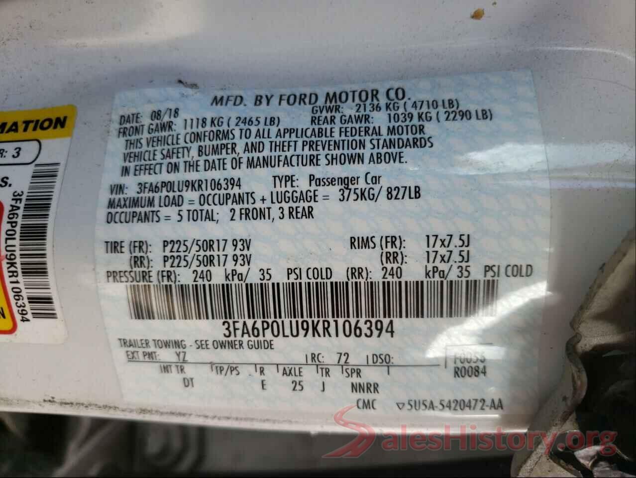 3FA6P0LU9KR106394 2019 FORD FUSION