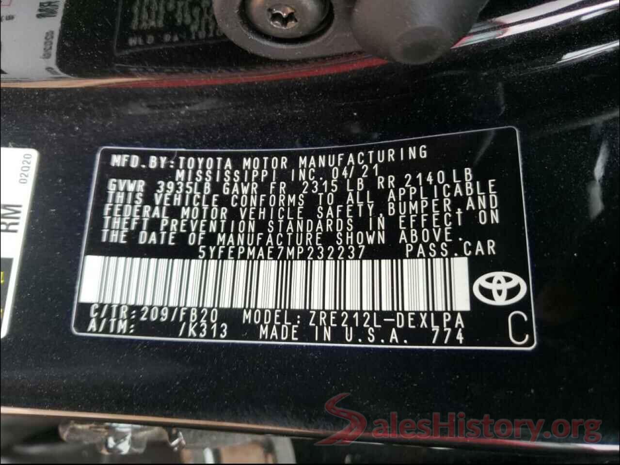 5YFEPMAE7MP232237 2021 TOYOTA COROLLA