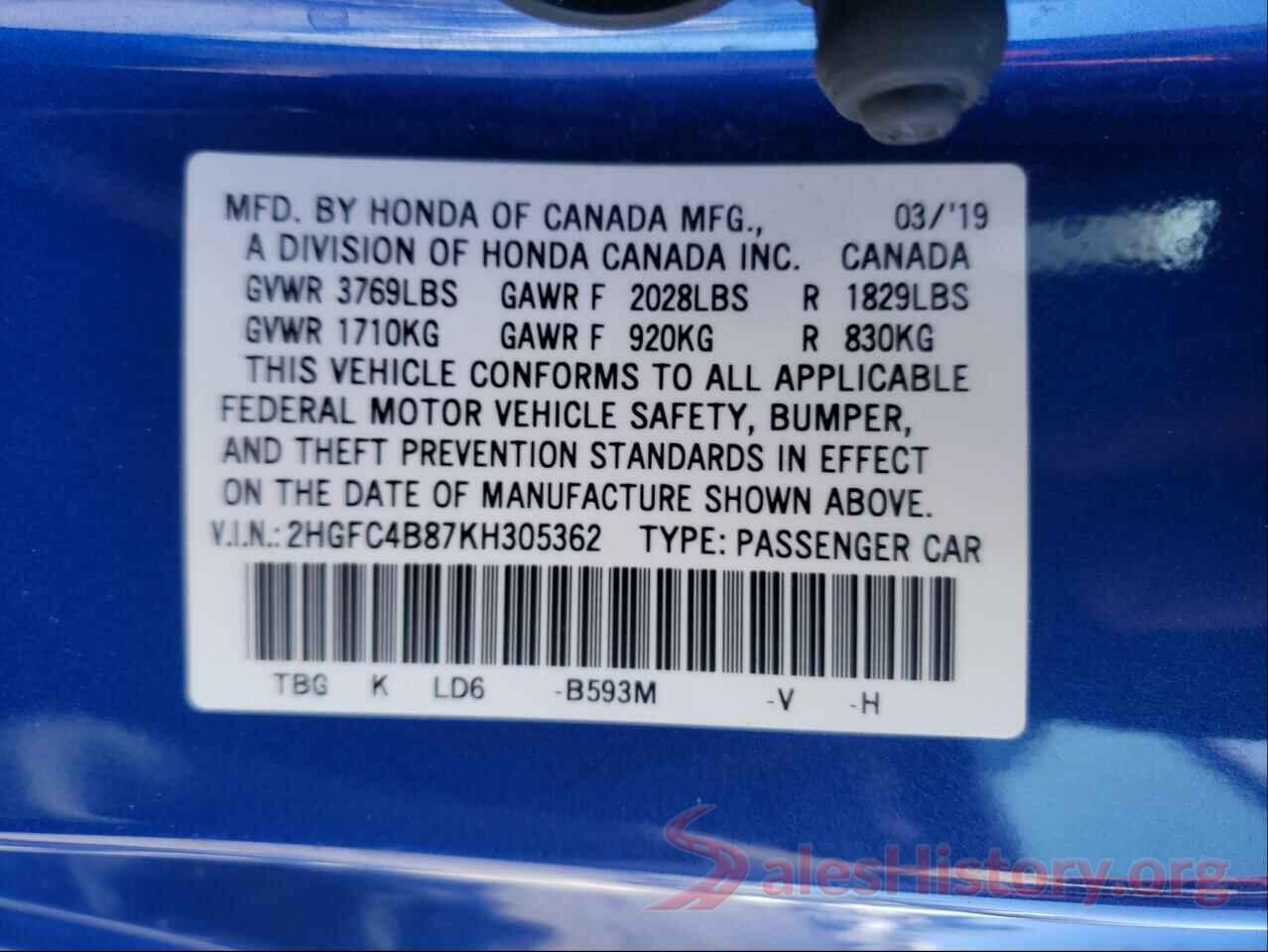 2HGFC4B87KH305362 2019 HONDA CIVIC