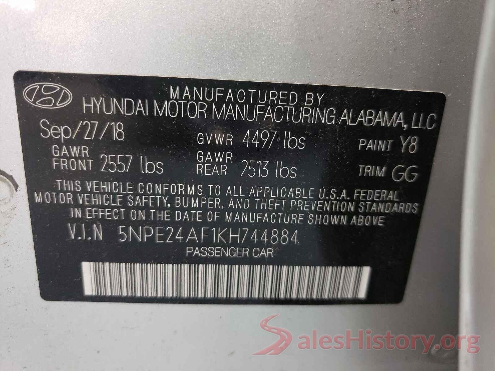 5NPE24AF1KH744884 2019 HYUNDAI SONATA