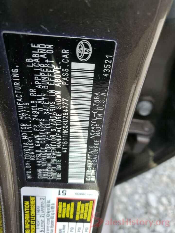 4T1B11HKXKU284777 2019 TOYOTA CAMRY