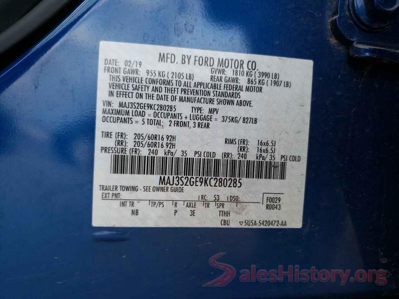 MAJ3S2GE9KC280285 2019 FORD ECOSPORT