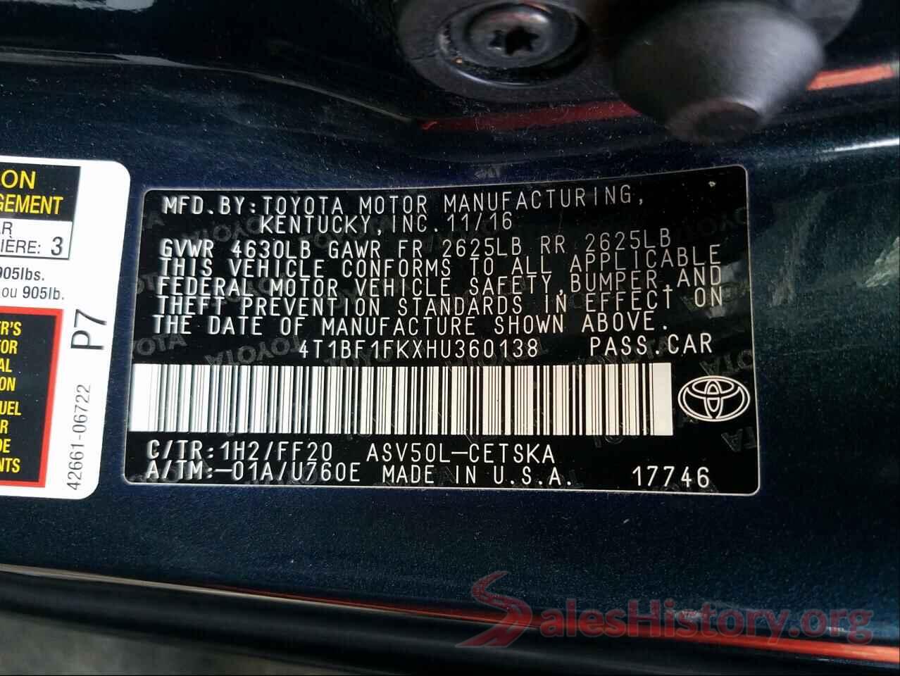 4T1BF1FKXHU360138 2017 TOYOTA CAMRY