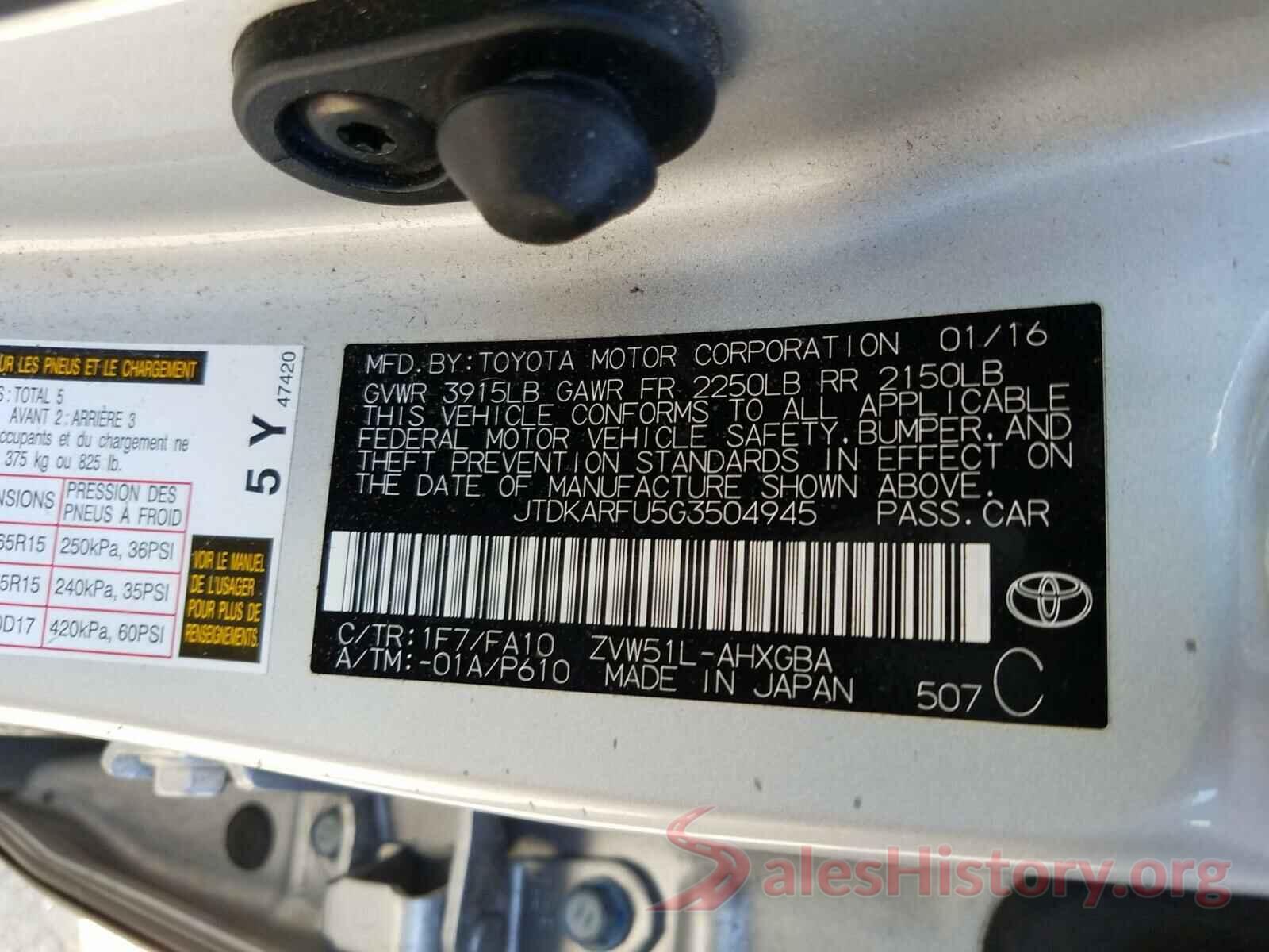 JTDKARFU5G3504945 2016 TOYOTA PRIUS