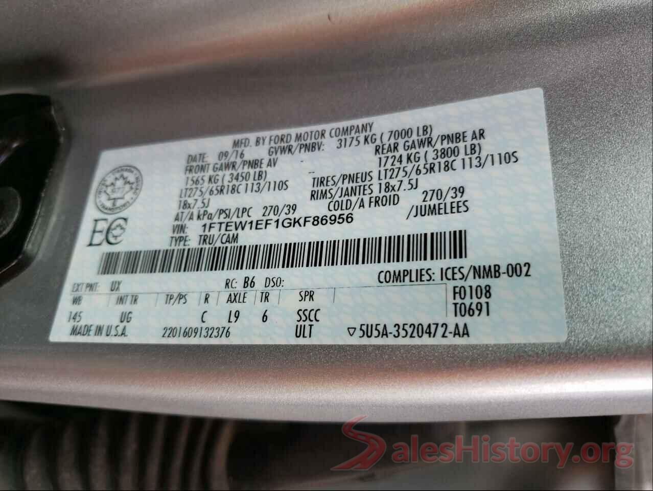 1FTEW1EF1GKF86956 2016 FORD F150