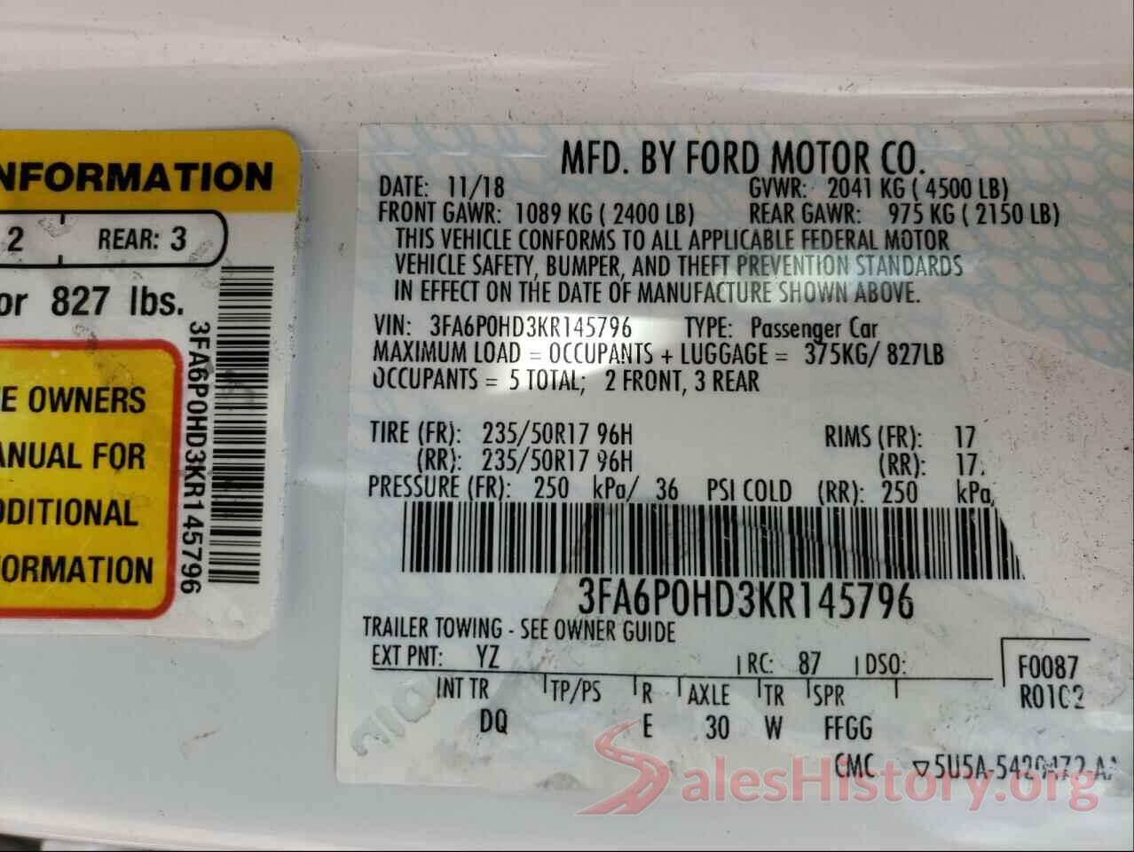 3FA6P0HD3KR145796 2019 FORD FUSION