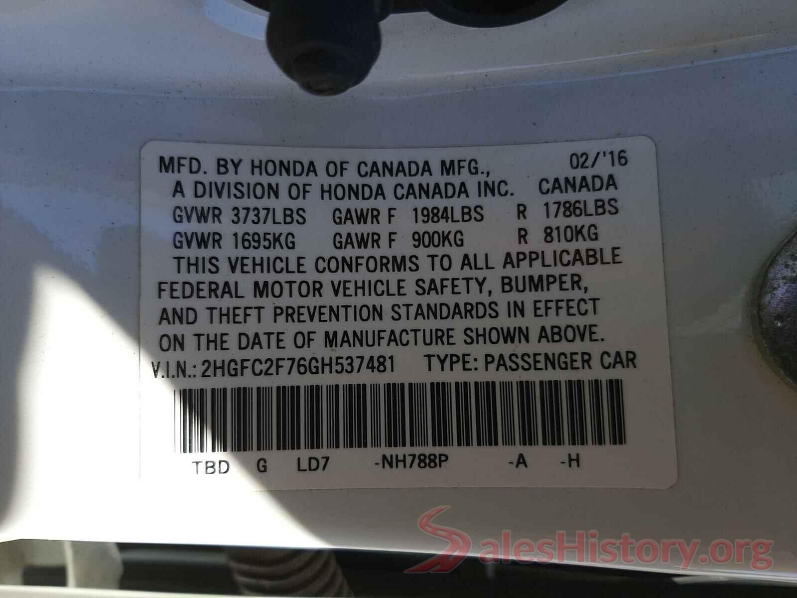 2HGFC2F76GH537481 2016 HONDA CIVIC