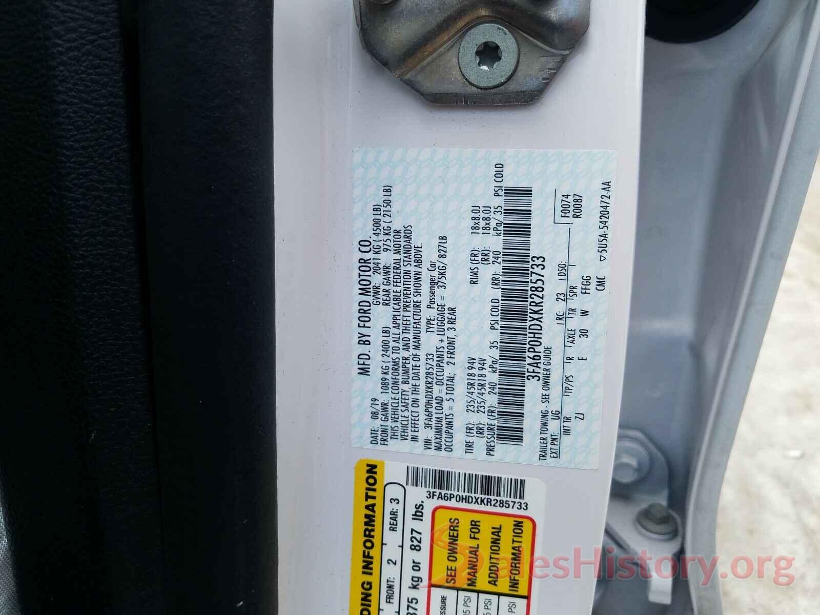 3FA6P0HDXKR285733 2019 FORD FUSION