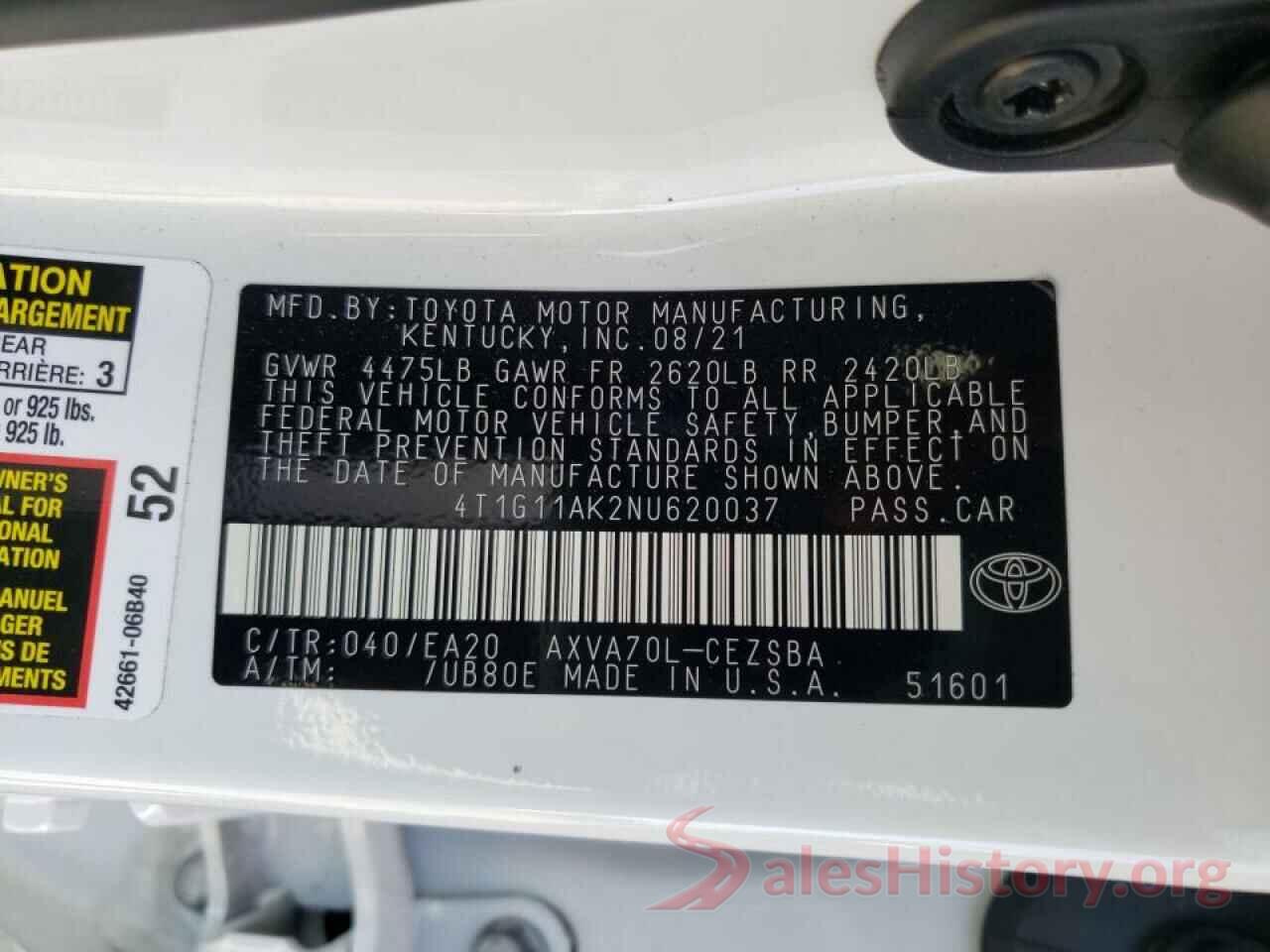 4T1G11AK2NU620037 2022 TOYOTA CAMRY