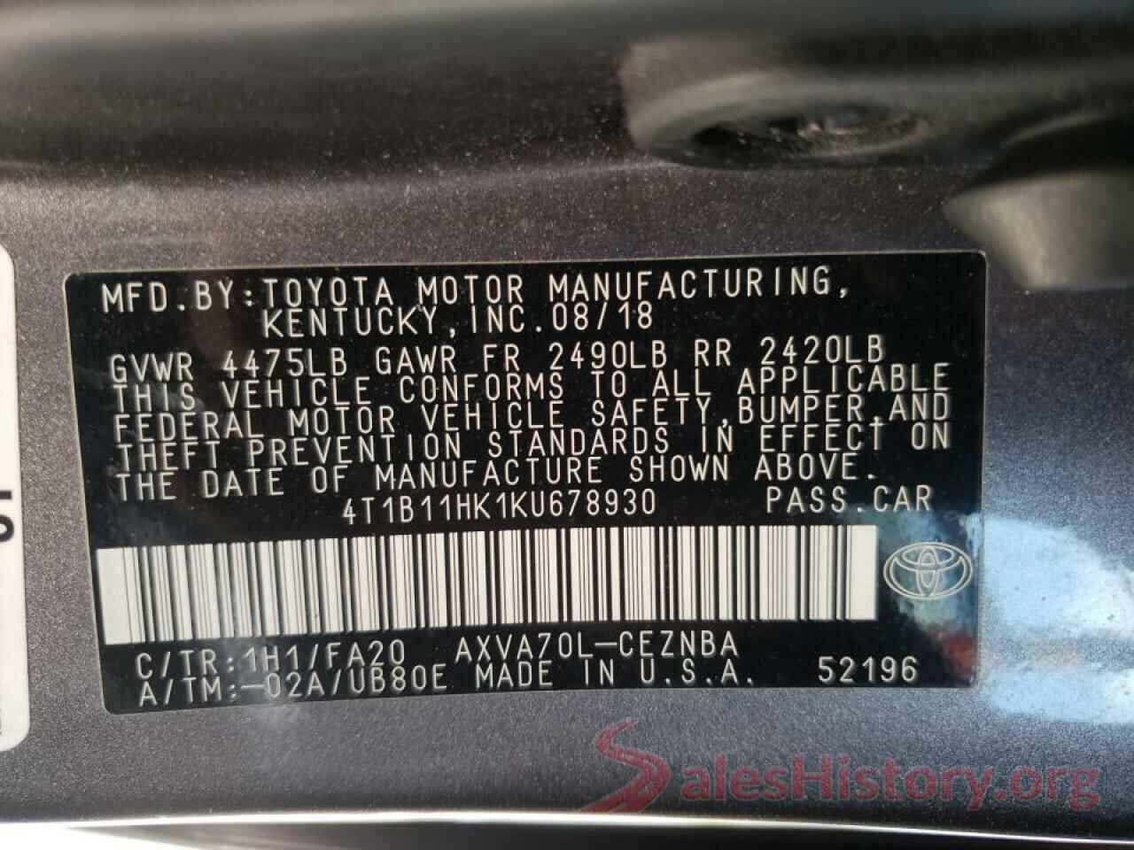 4T1B11HK1KU678930 2019 TOYOTA CAMRY