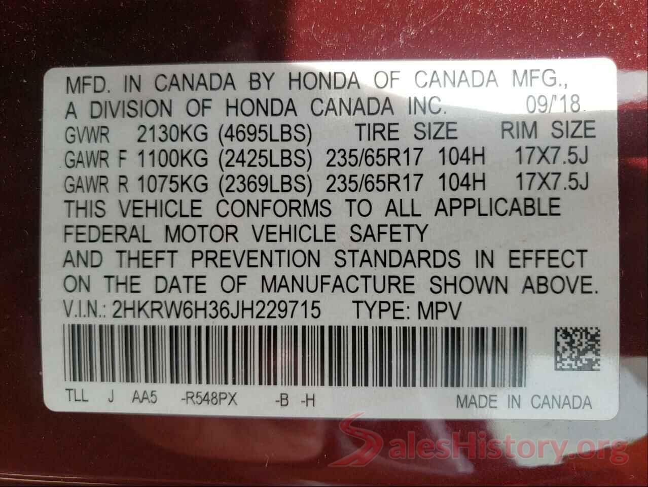 2HKRW6H36JH229715 2018 HONDA CRV