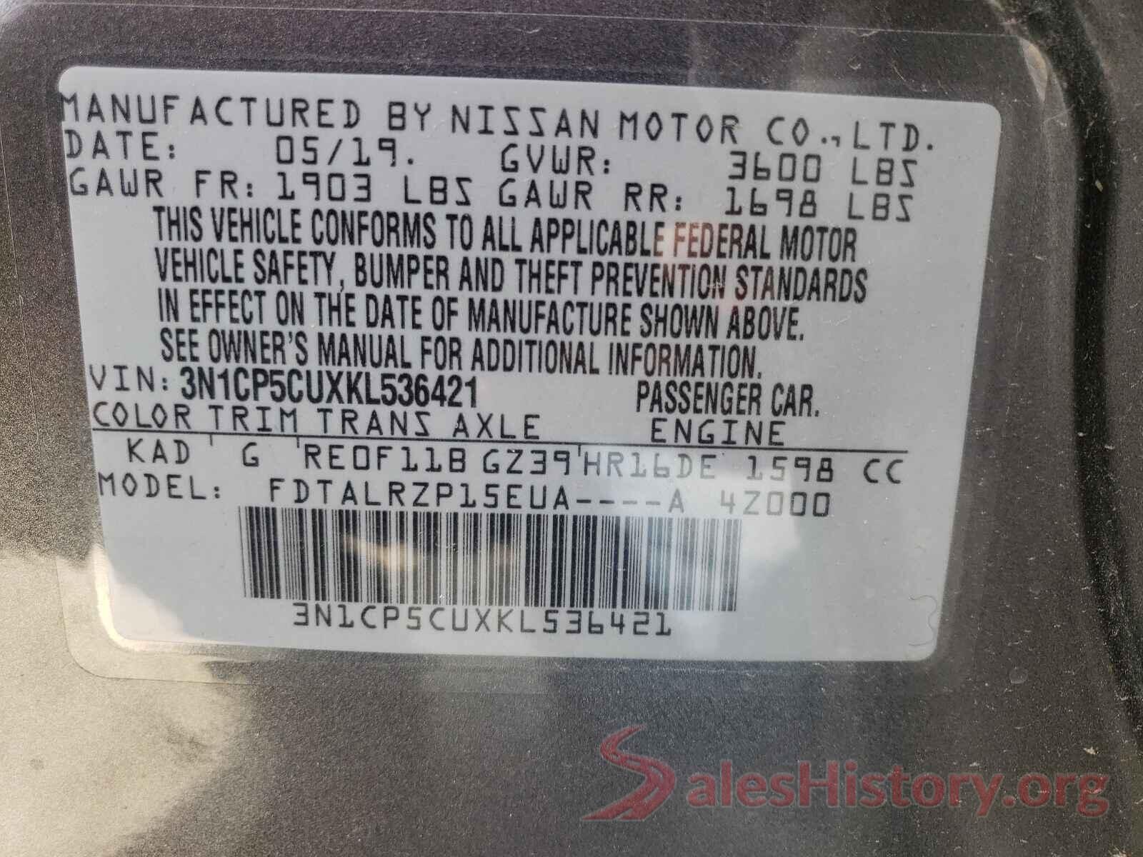 3N1CP5CUXKL536421 2019 NISSAN KICKS