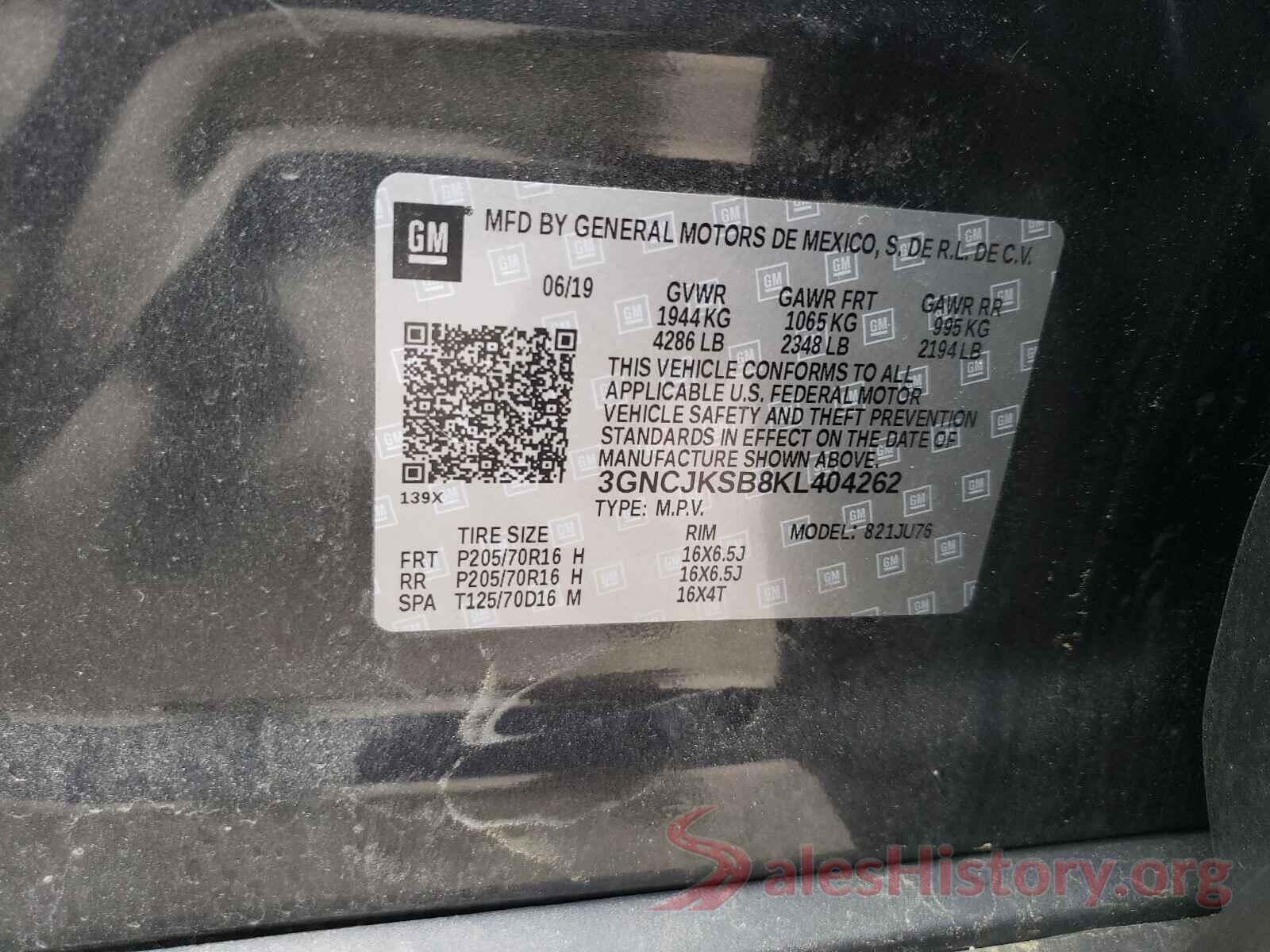 3GNCJKSB8KL404262 2019 CHEVROLET TRAX