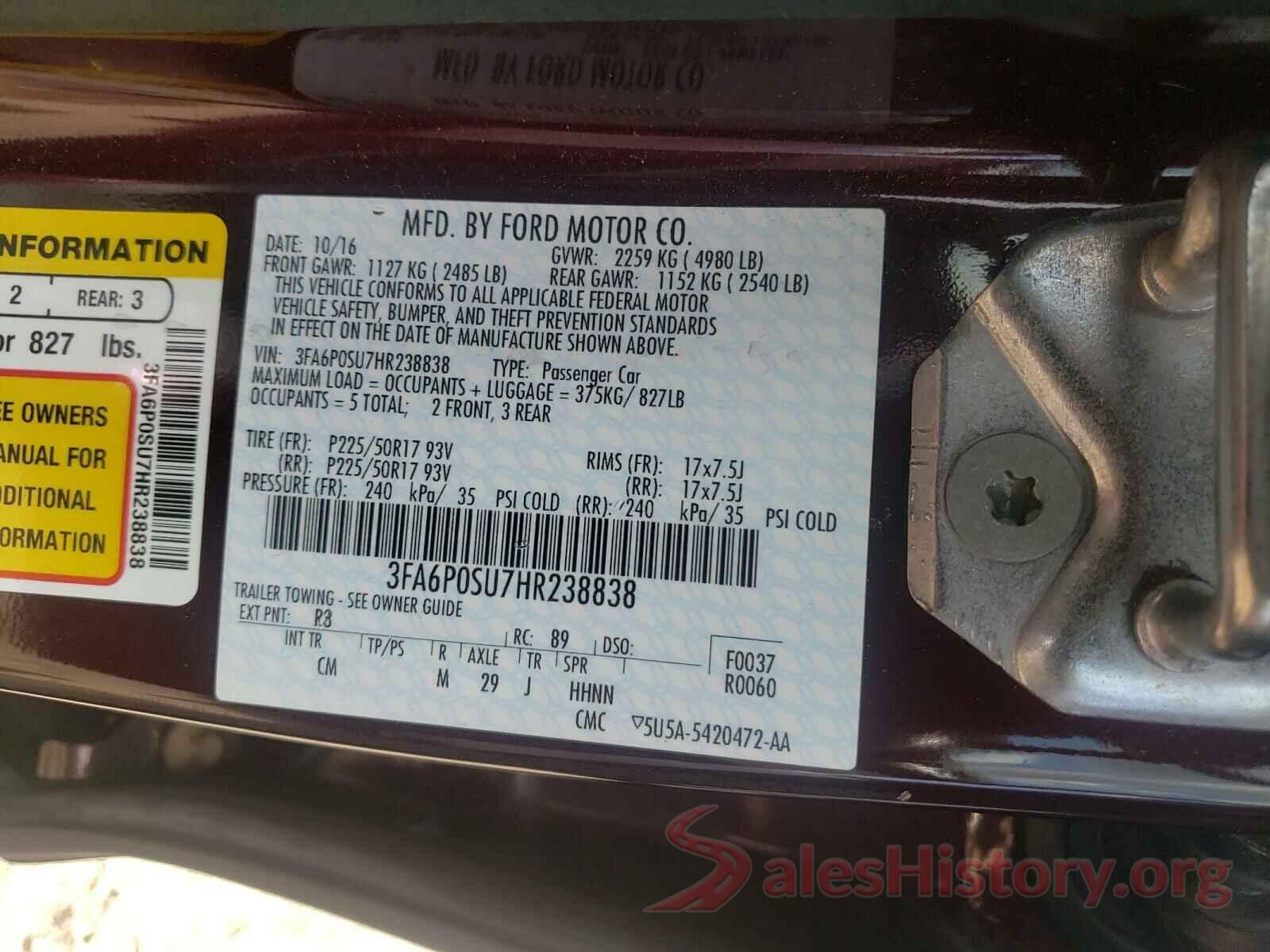 3FA6P0SU7HR238838 2017 FORD FUSION