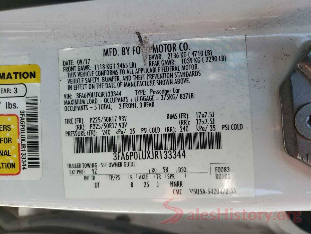 3FA6P0LUXJR133344 2018 FORD FUSION