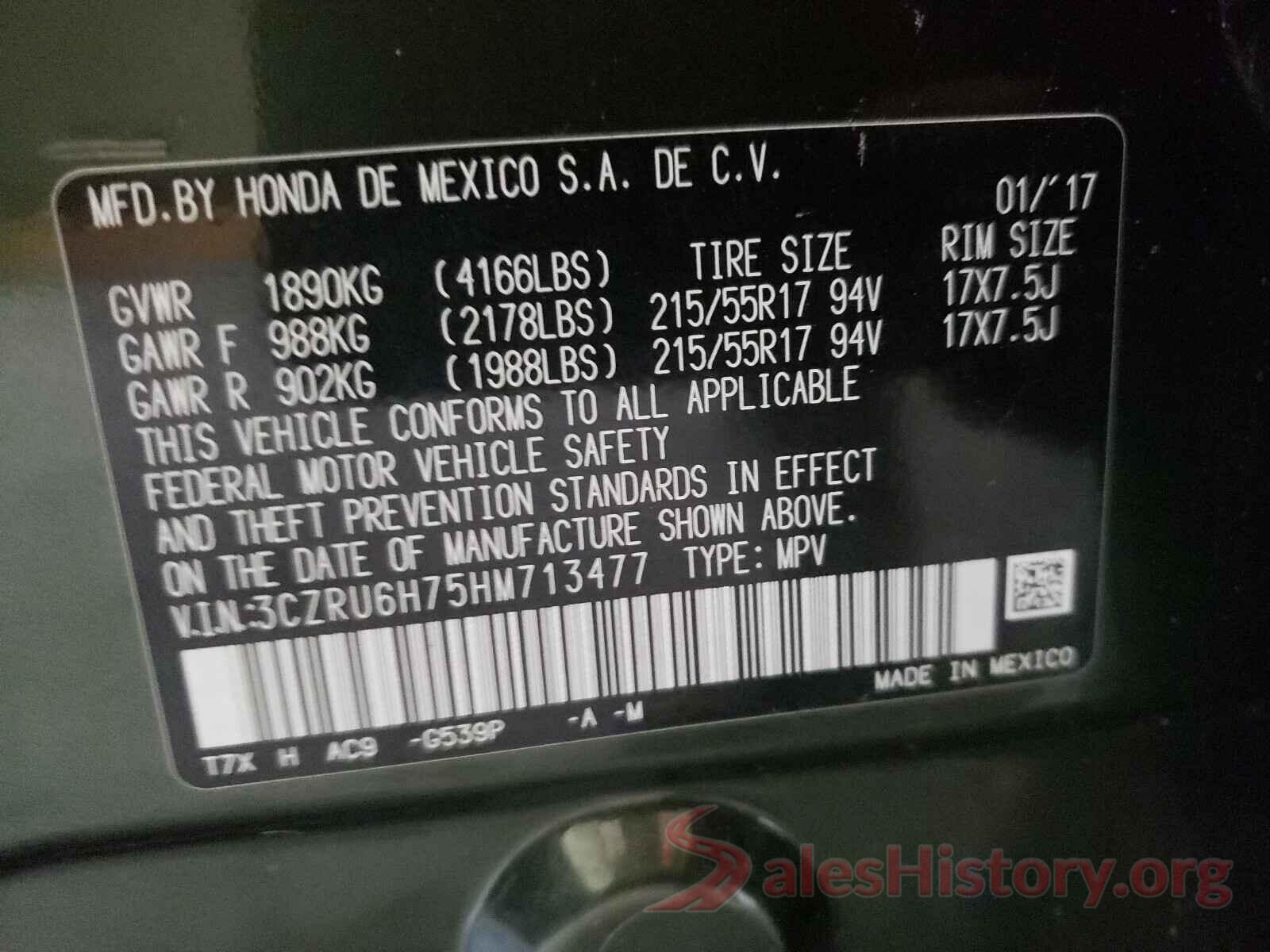 3CZRU6H75HM713477 2017 HONDA HR-V