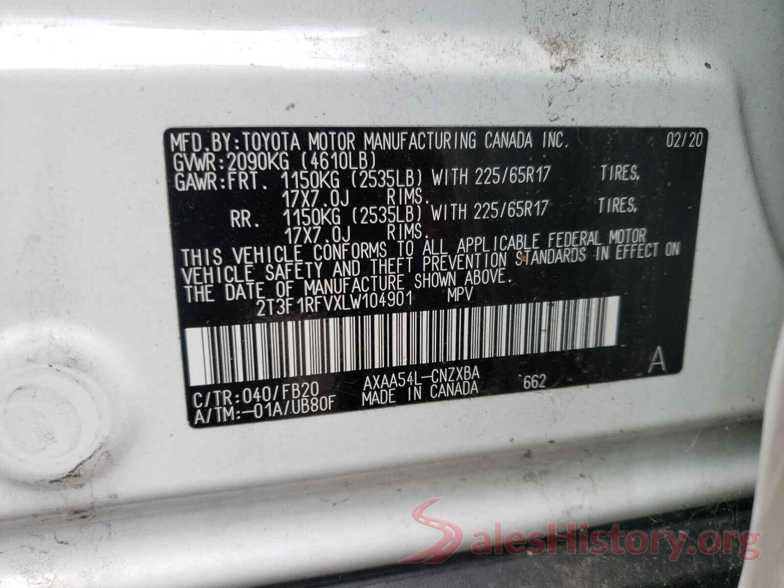 2T3F1RFVXLW104901 2020 TOYOTA RAV4