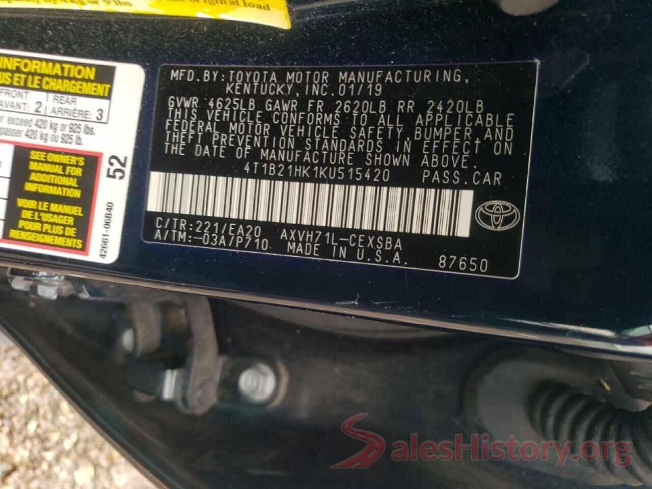 4T1B21HK1KU515420 2019 TOYOTA CAMRY