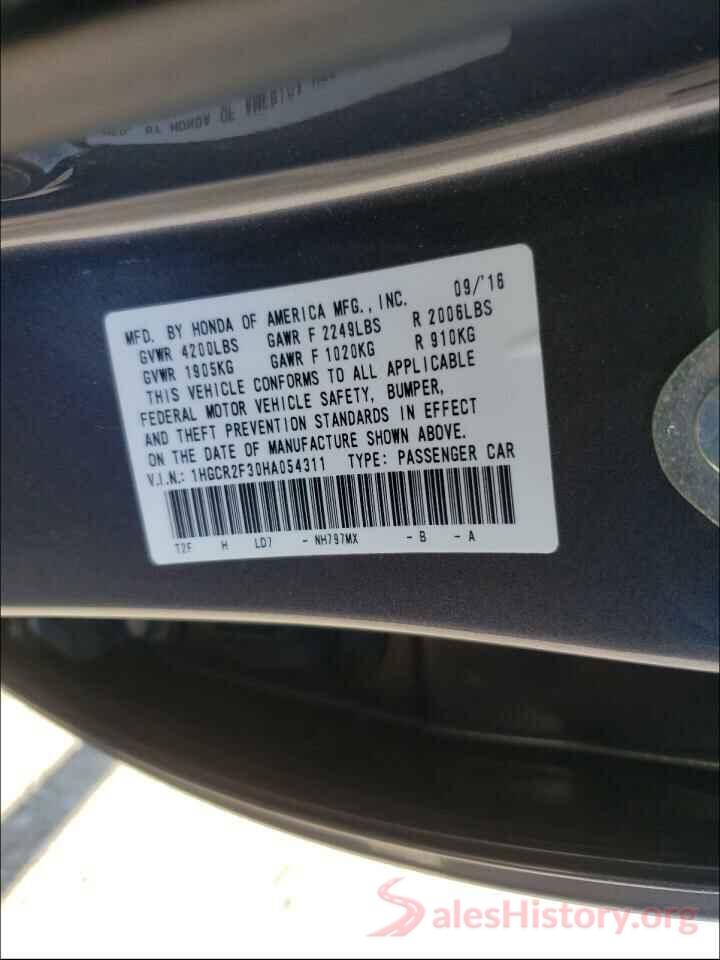 1HGCR2F30HA054311 2017 HONDA ACCORD