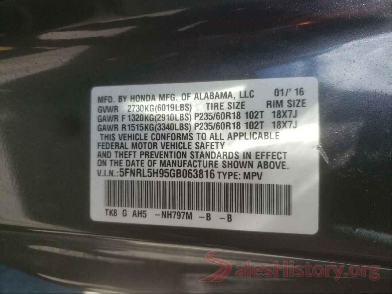 5FNRL5H95GB063816 2016 HONDA ODYSSEY