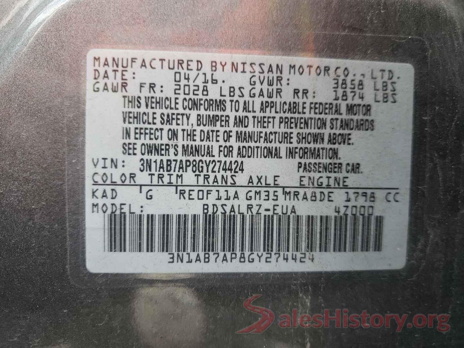 3N1AB7AP8GY274424 2016 NISSAN SENTRA