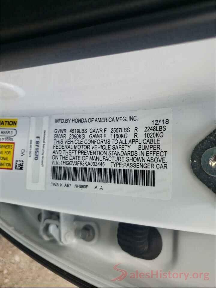 1HGCV3F93KA003446 2019 HONDA ACCORD