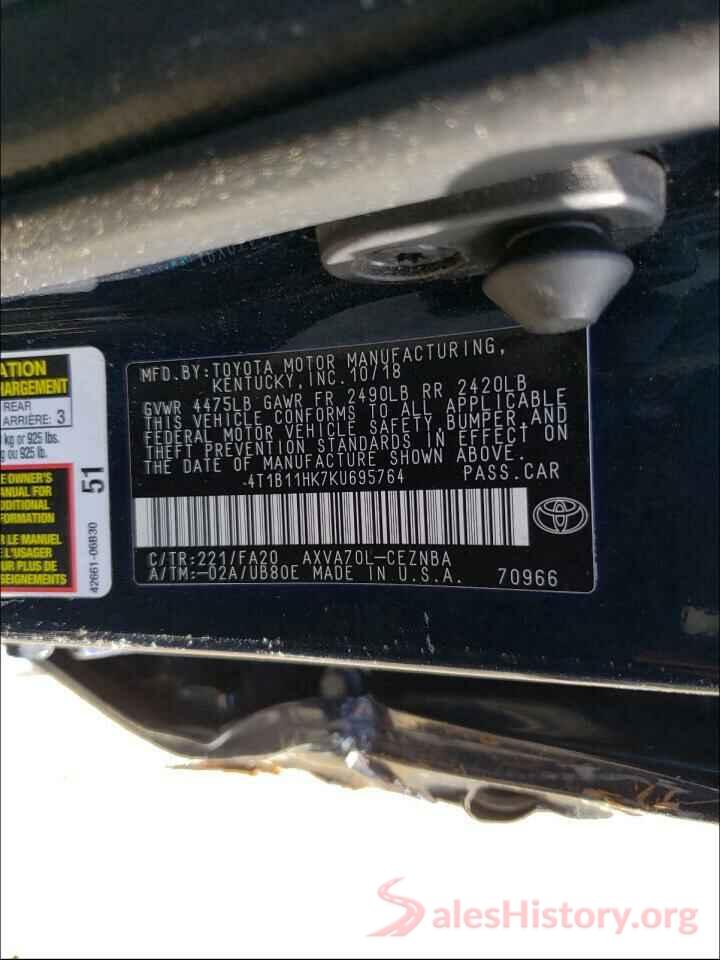 4T1B11HK7KU695764 2019 TOYOTA CAMRY