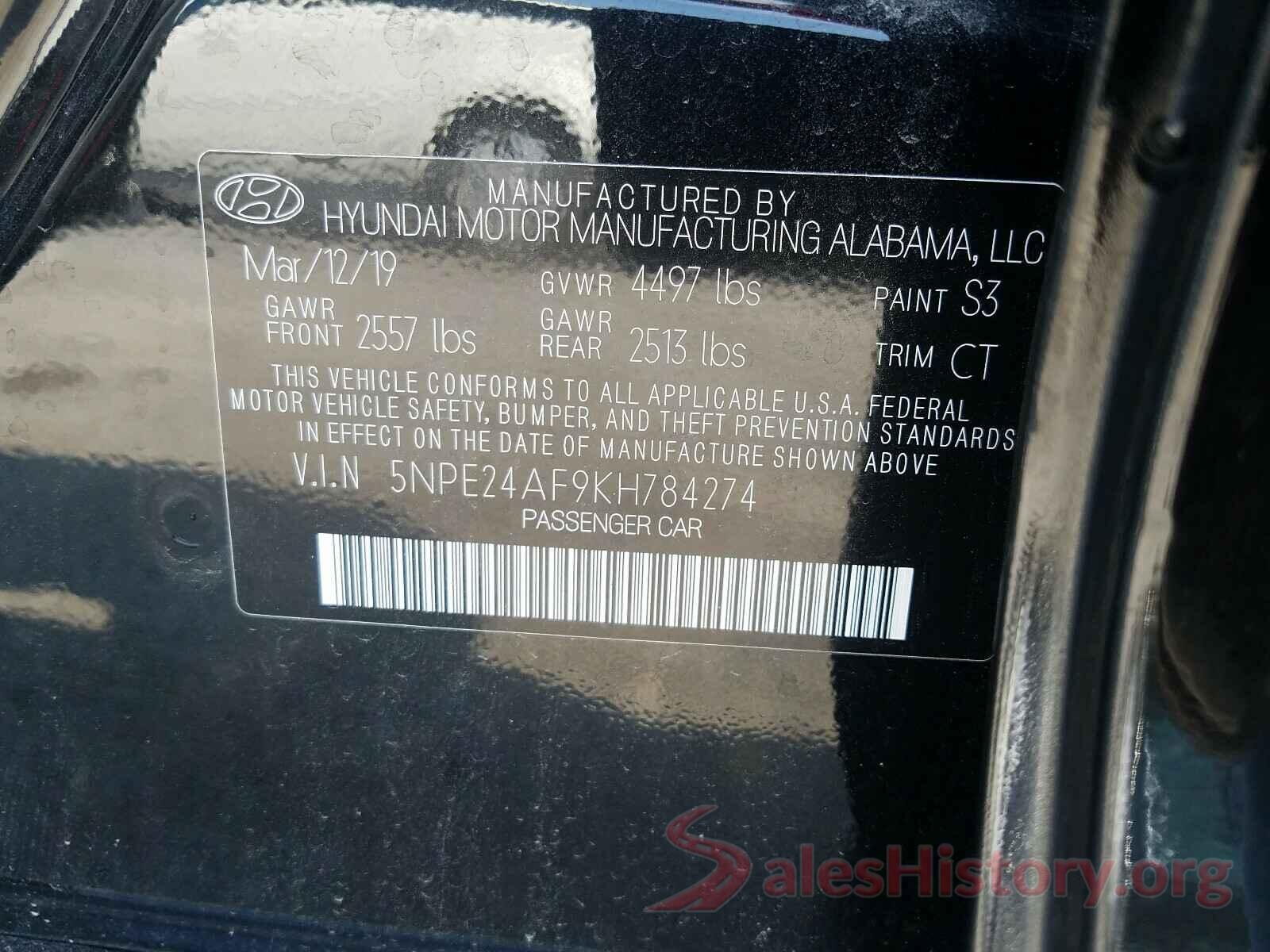 5NPE24AF9KH784274 2019 HYUNDAI SONATA