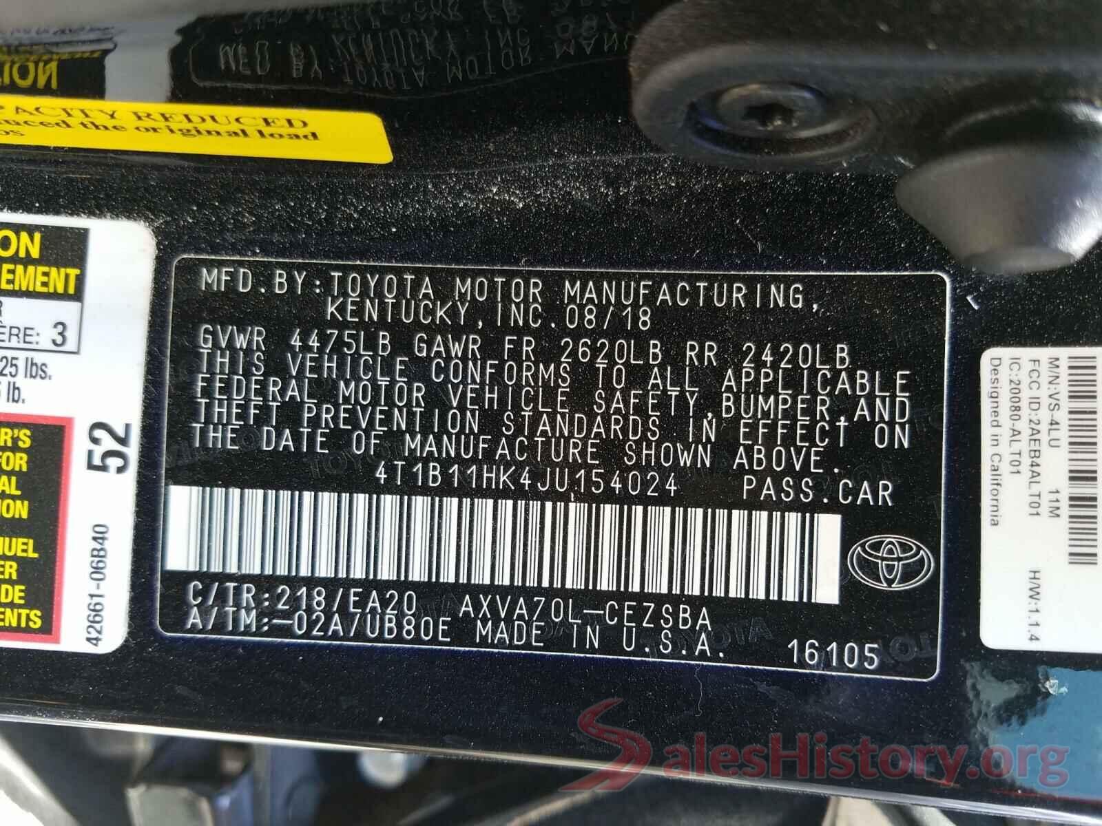 4T1B11HK4JU154024 2018 TOYOTA CAMRY