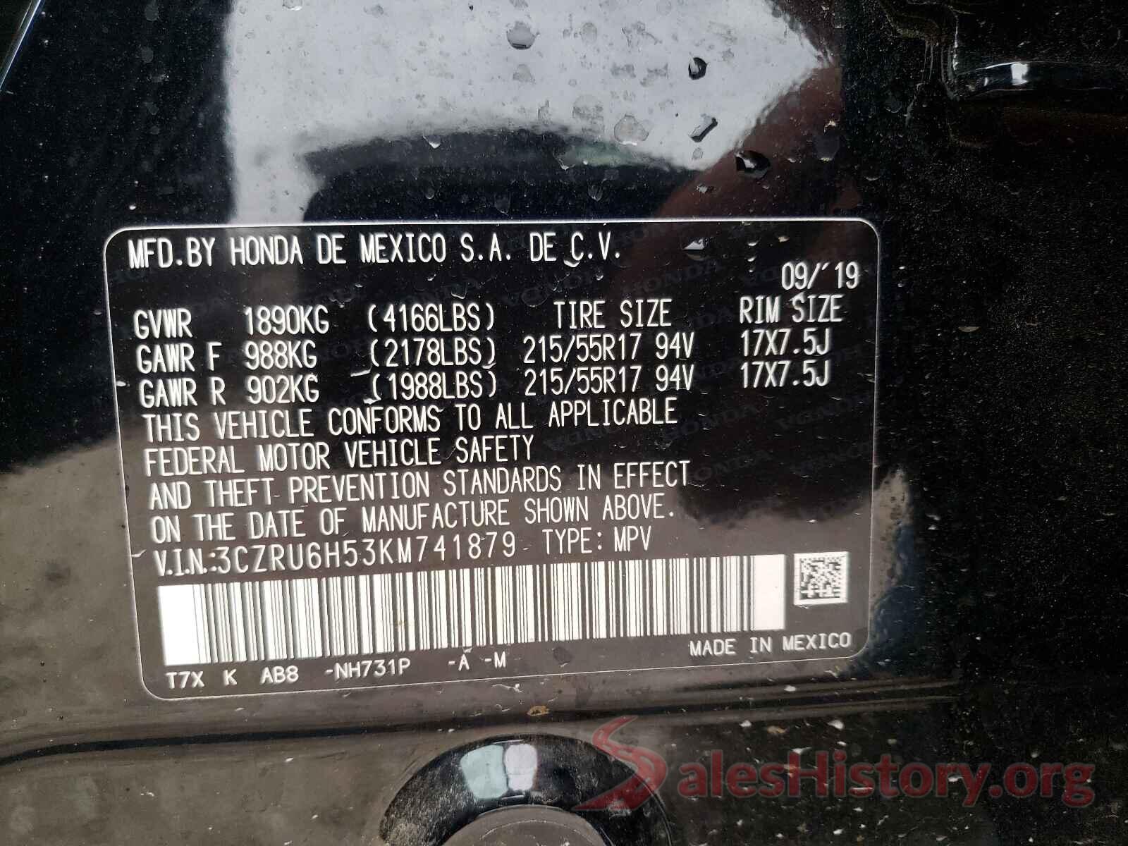 3CZRU6H53KM741879 2019 HONDA HR-V