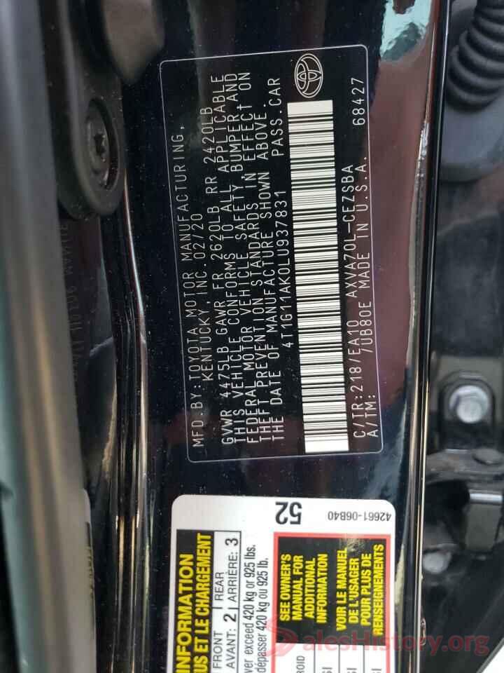 4T1G11AK0LU937831 2020 TOYOTA CAMRY