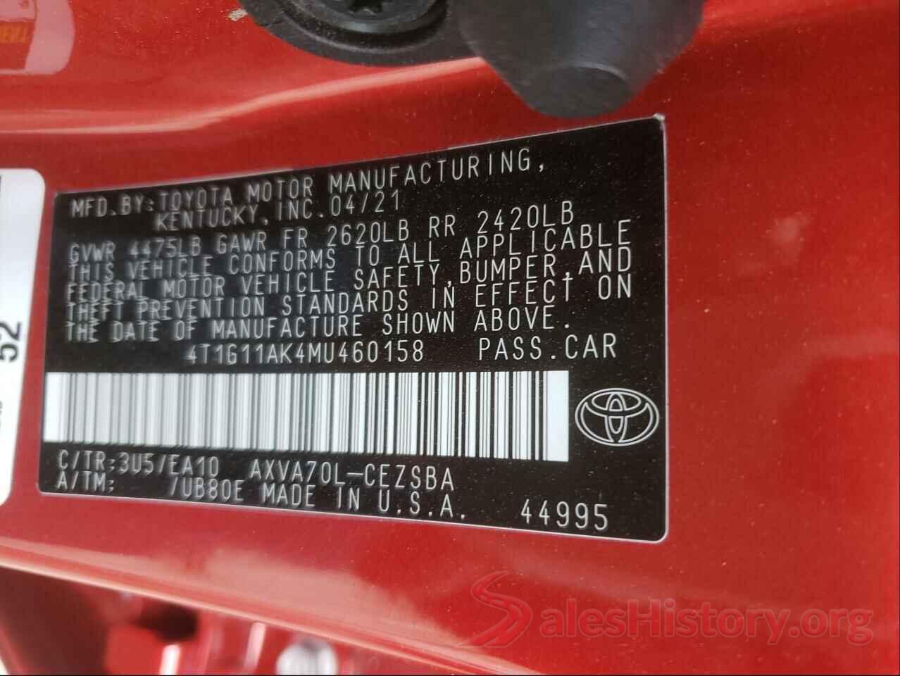 4T1G11AK4MU460158 2021 TOYOTA CAMRY