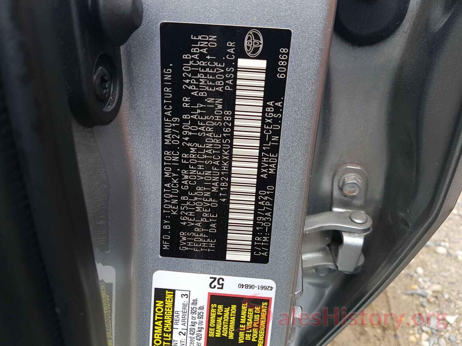 4T1B21HKXKU516288 2019 TOYOTA CAMRY