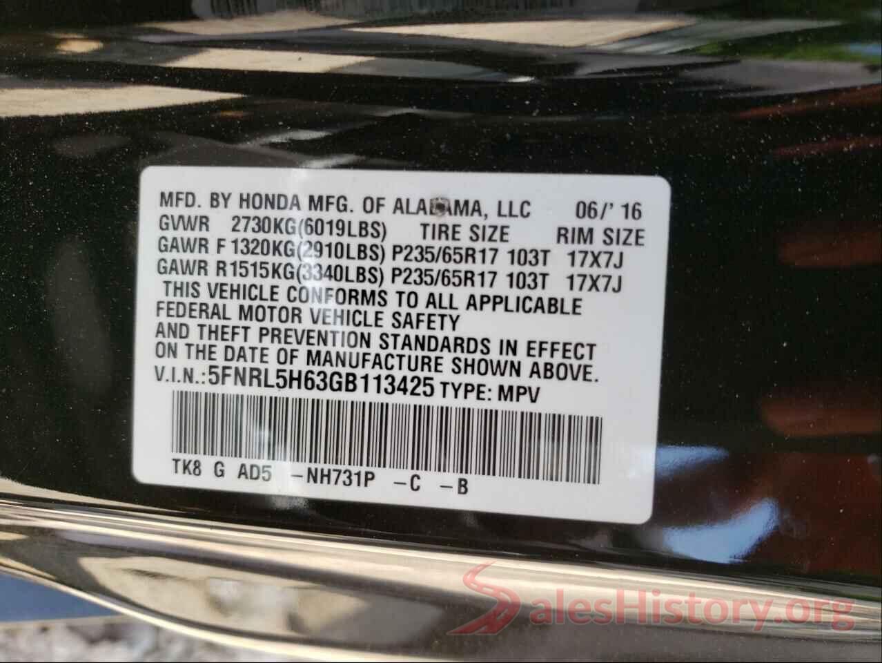 5FNRL5H63GB113425 2016 HONDA ODYSSEY