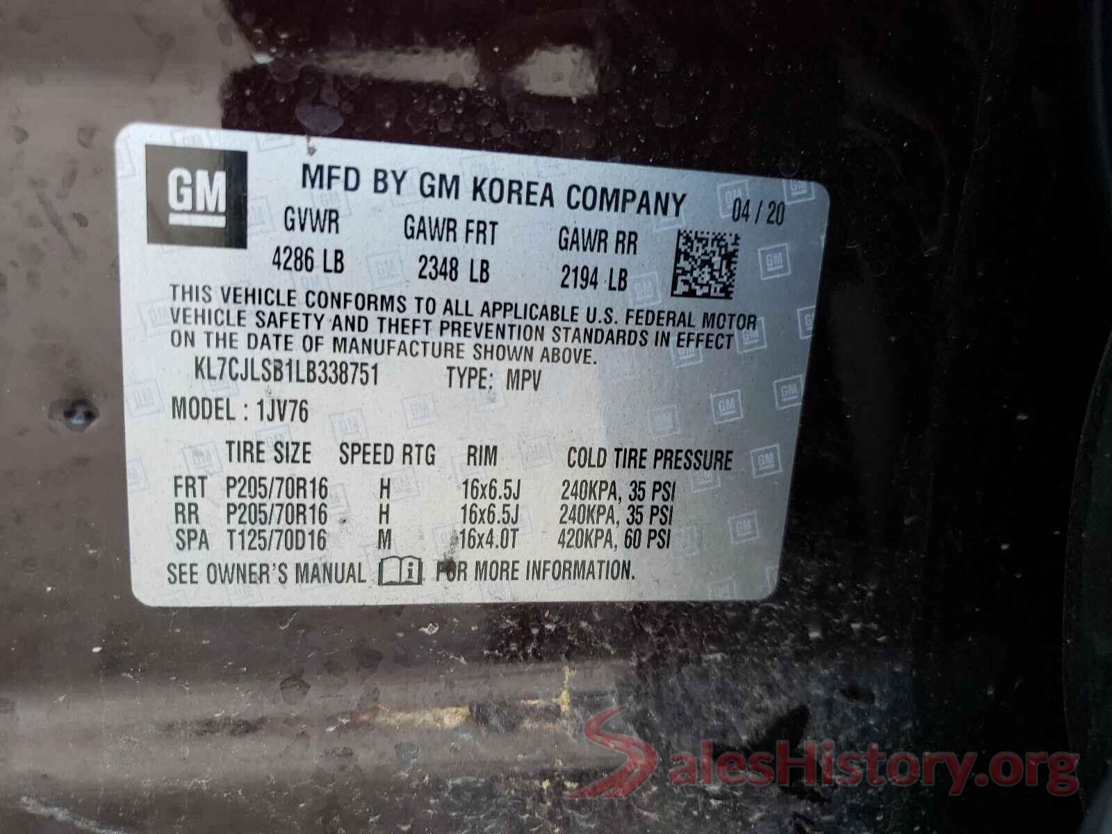 KL7CJLSB1LB338751 2020 CHEVROLET TRAX