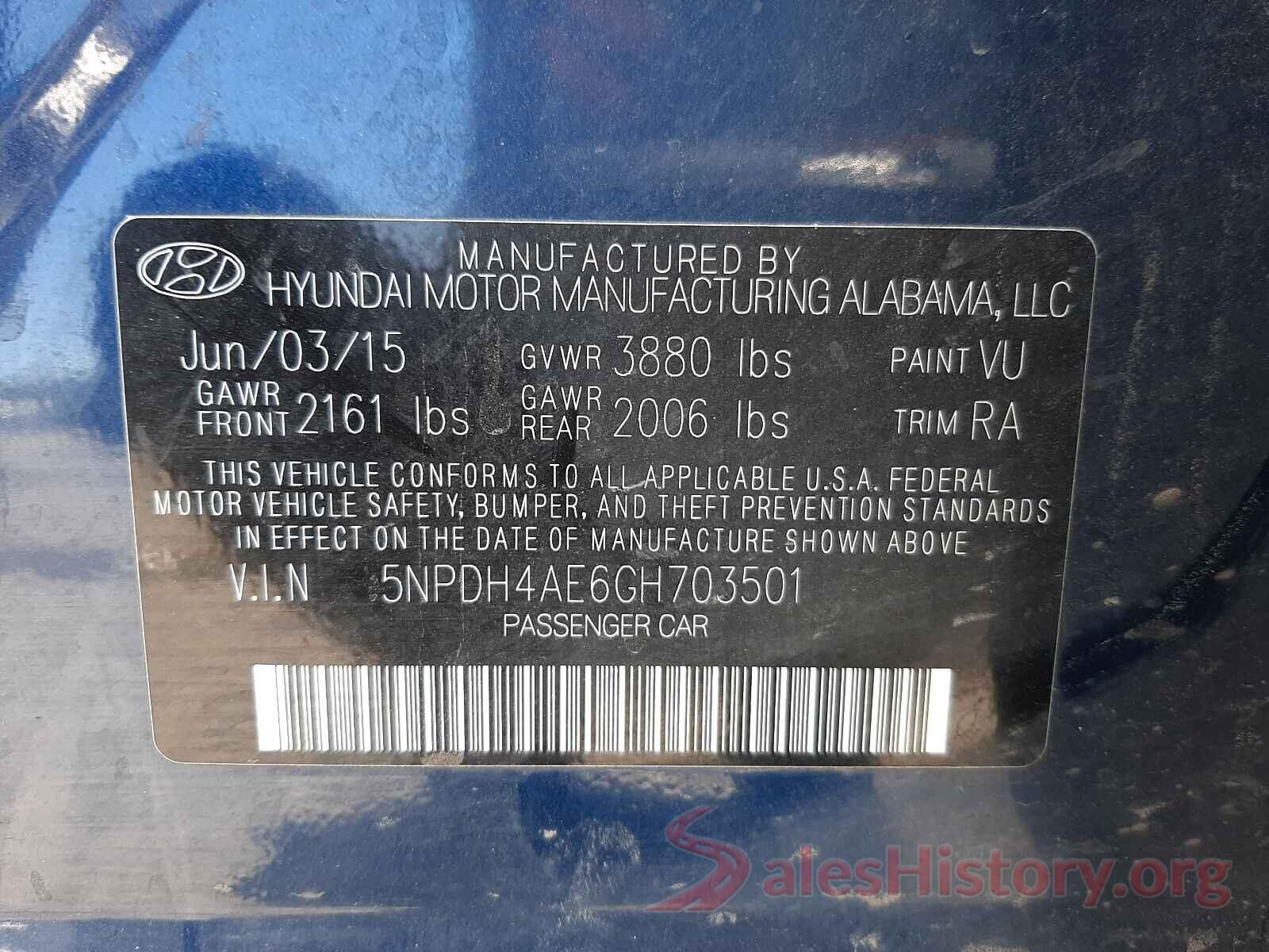 5NPDH4AE6GH703501 2016 HYUNDAI ELANTRA