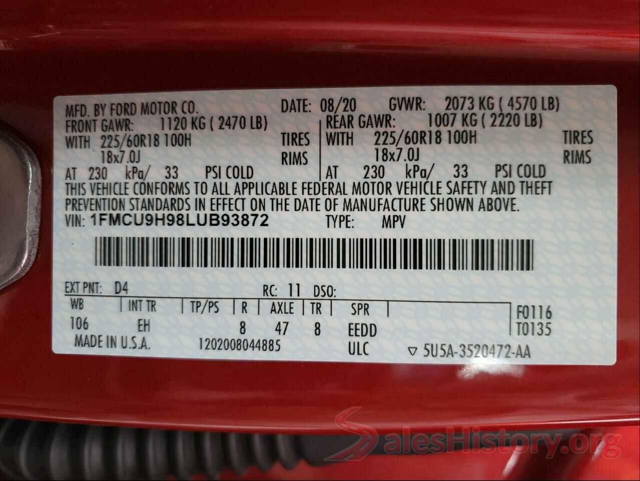 1FMCU9H98LUB93872 2020 FORD ESCAPE