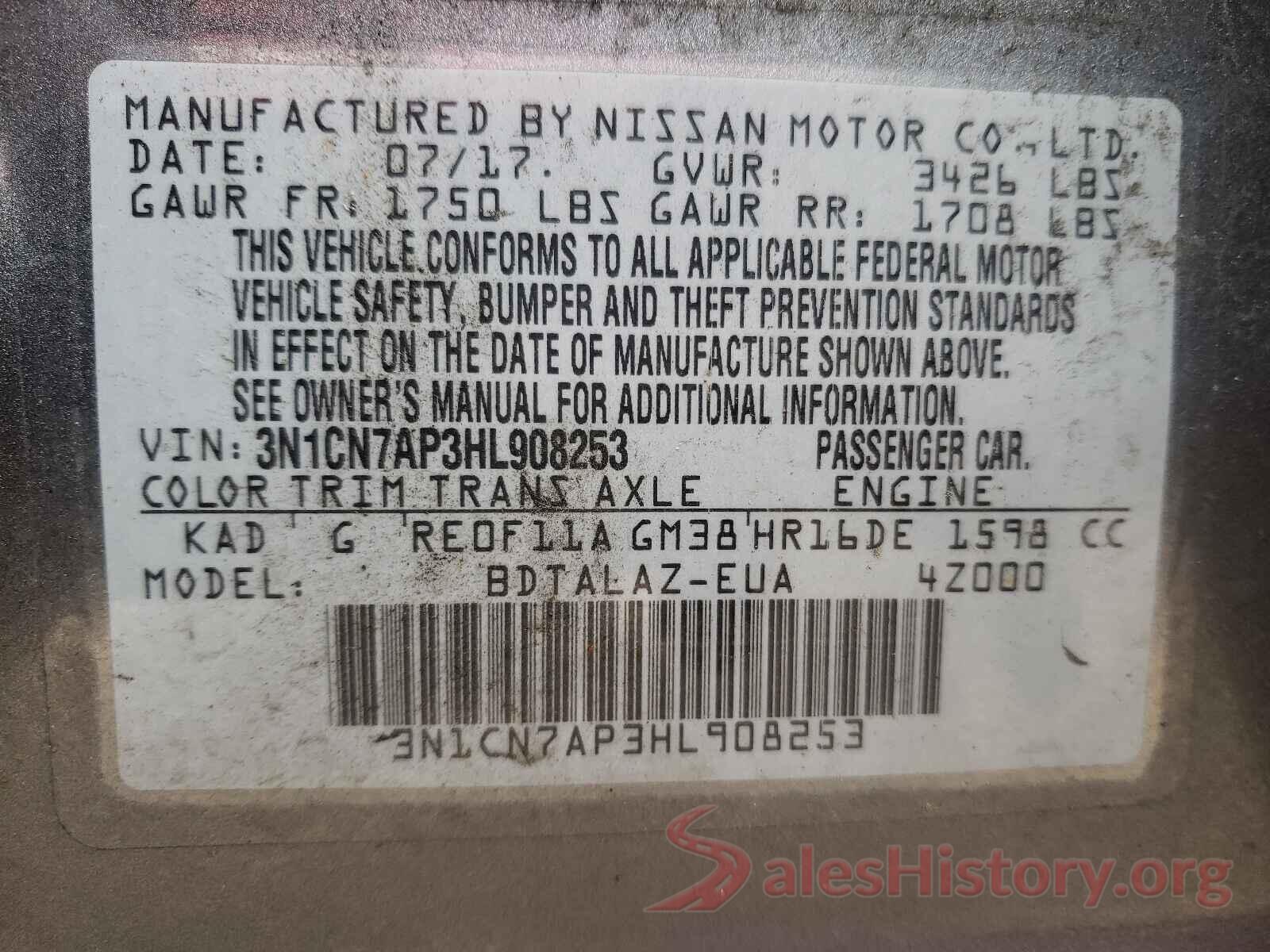 3N1CN7AP3HL908253 2017 NISSAN VERSA