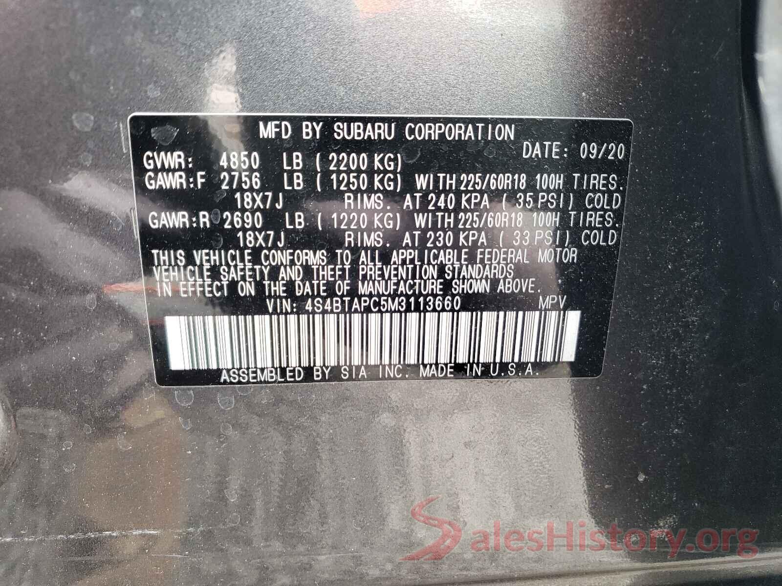 4S4BTAPC5M3113660 2021 SUBARU OUTBACK