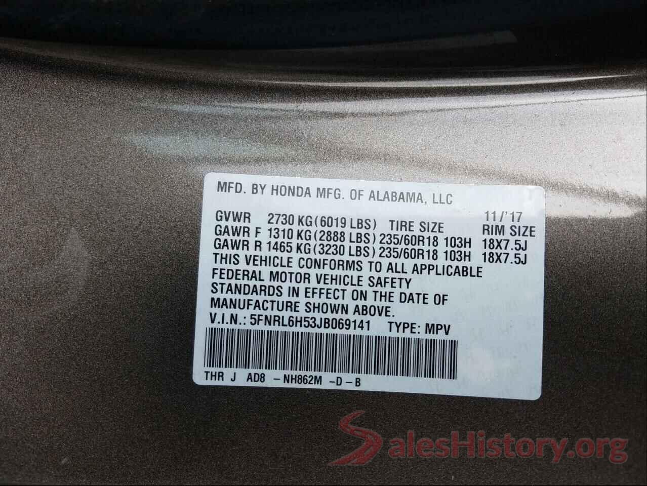 5FNRL6H53JB069141 2018 HONDA ODYSSEY