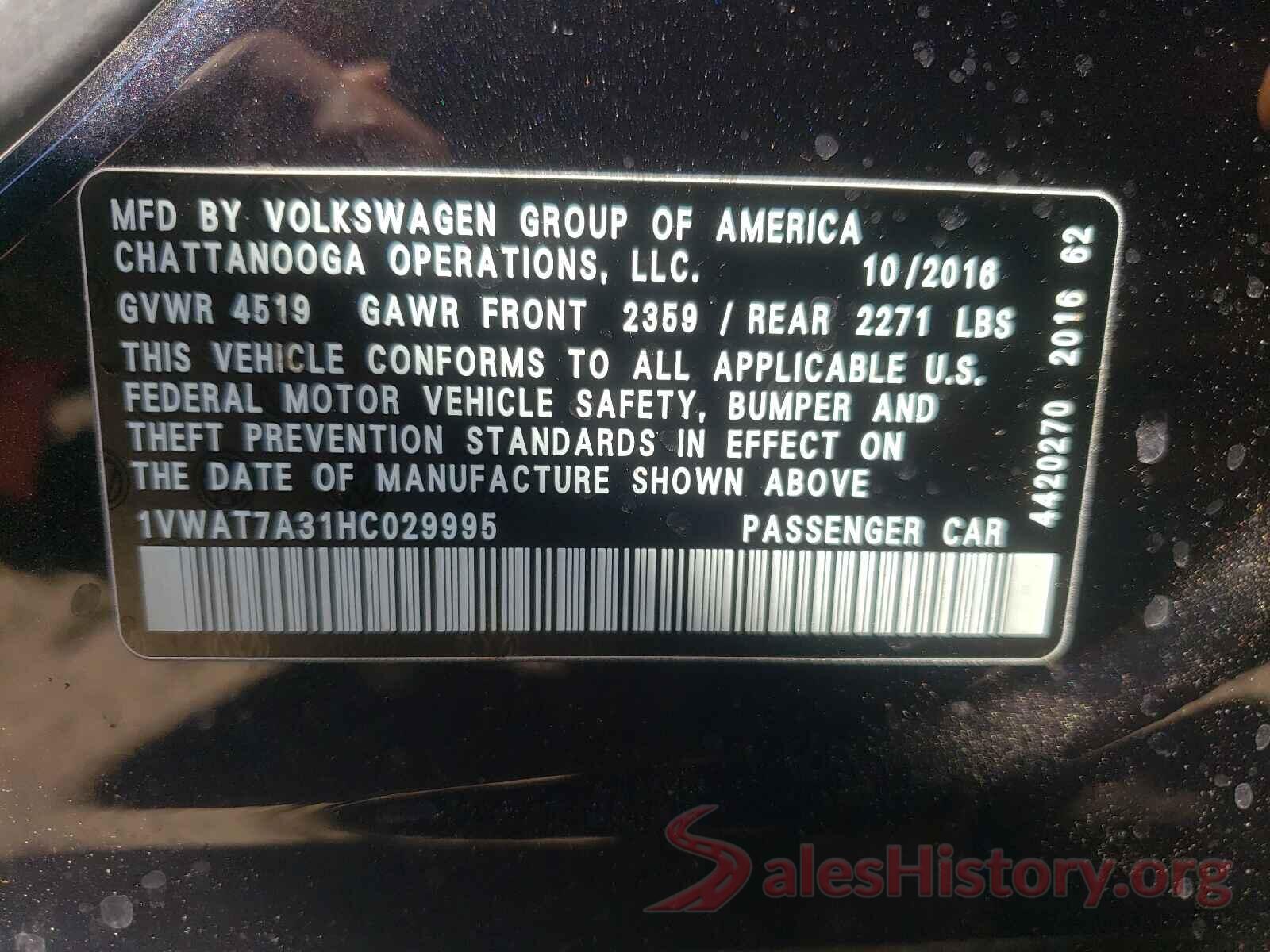 1VWAT7A31HC029995 2017 VOLKSWAGEN PASSAT