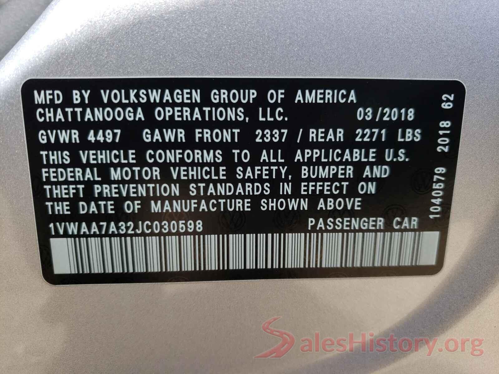 1VWAA7A32JC030598 2018 VOLKSWAGEN PASSAT