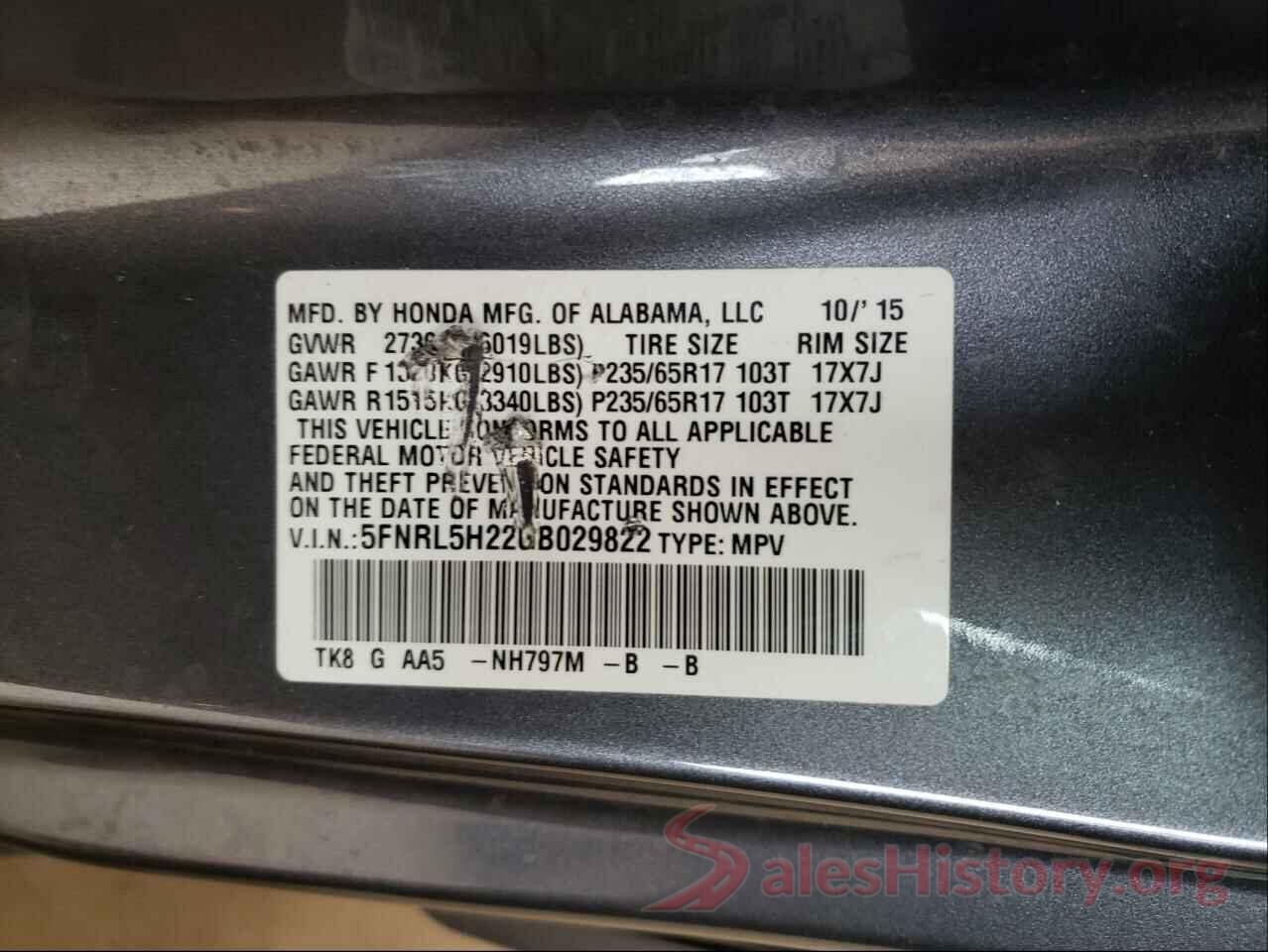 5FNRL5H22GB029822 2016 HONDA ODYSSEY