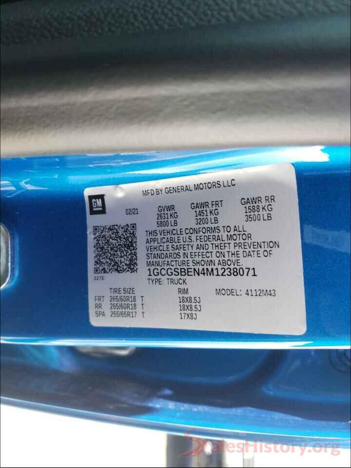 1GCGSBEN4M1238071 2021 CHEVROLET COLORADO