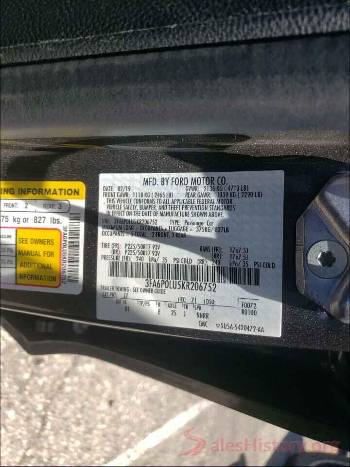 3FA6P0LU5KR206752 2019 FORD FUSION