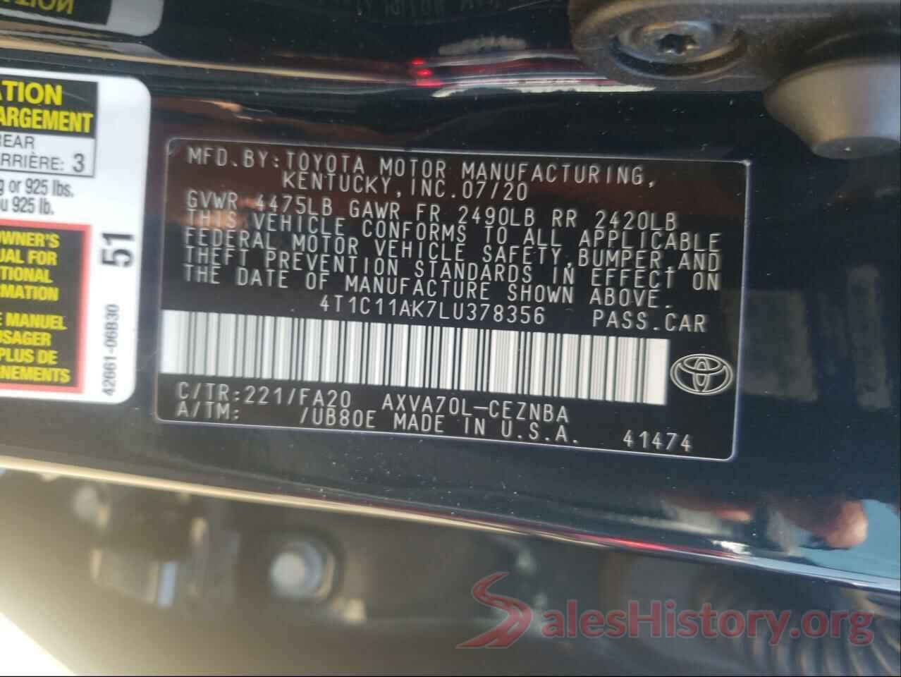 4T1C11AK7LU378356 2020 TOYOTA CAMRY