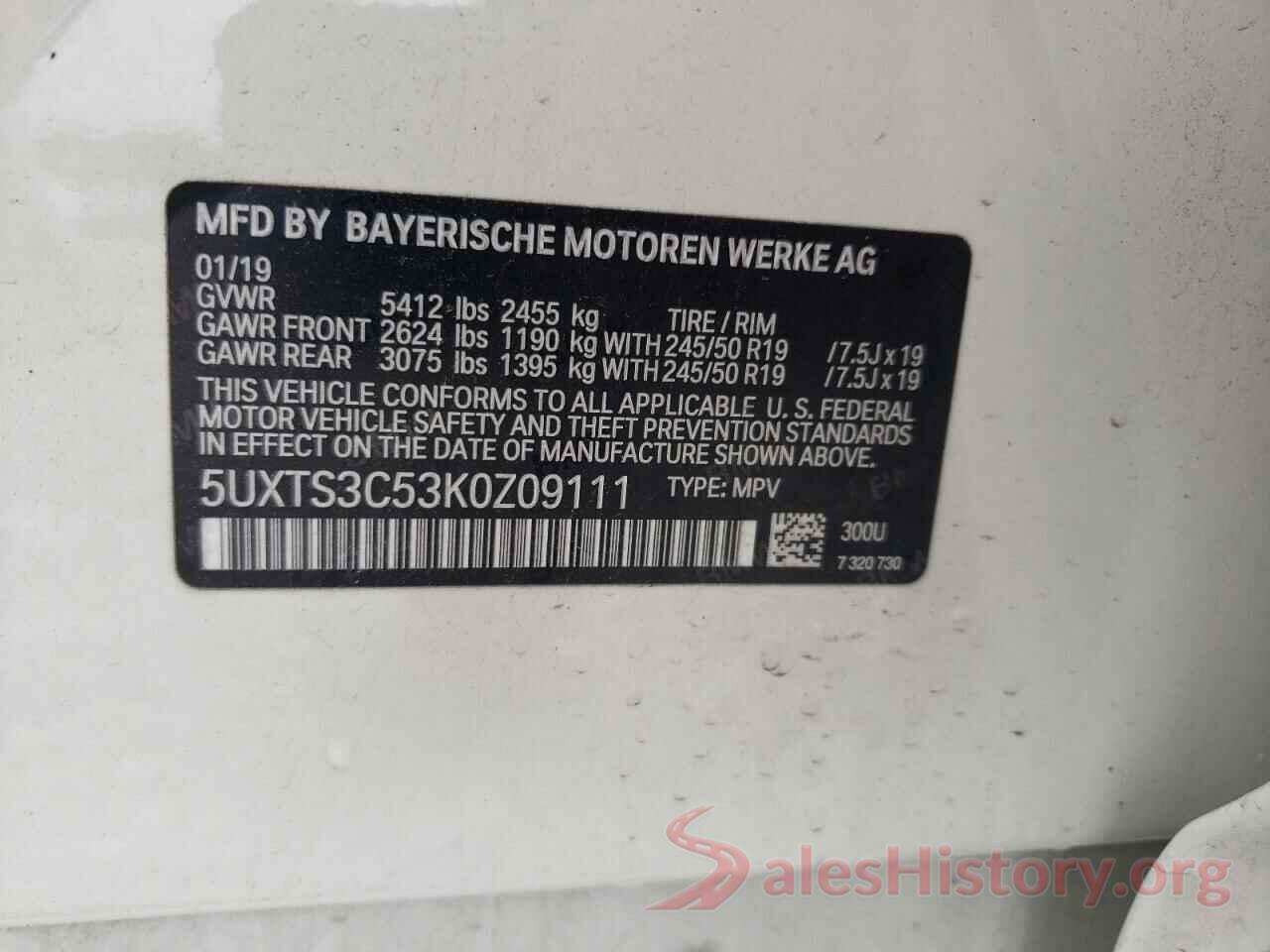 5UXTS3C53K0Z09111 2019 BMW X3