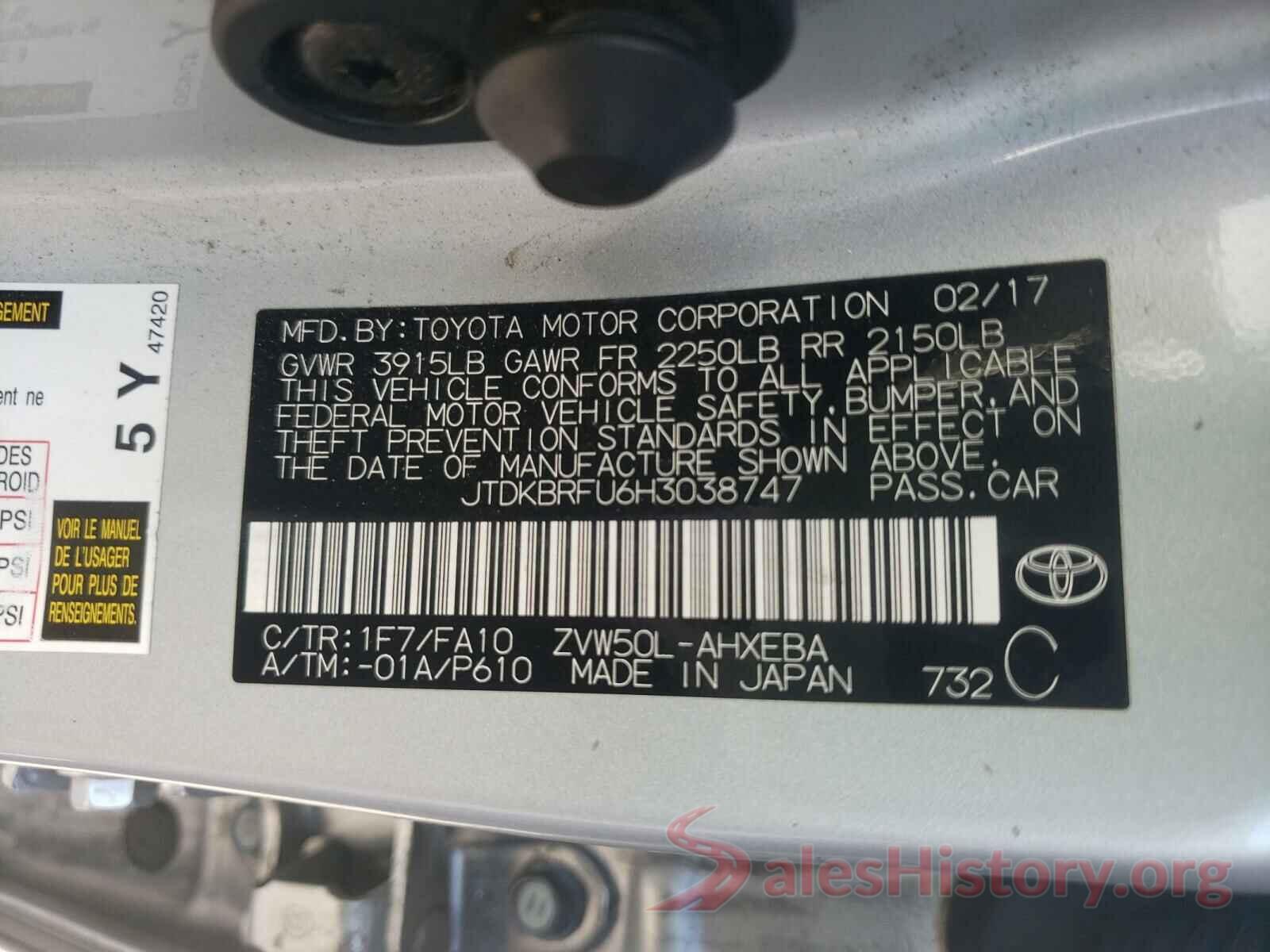 JTDKBRFU6H3038747 2017 TOYOTA PRIUS