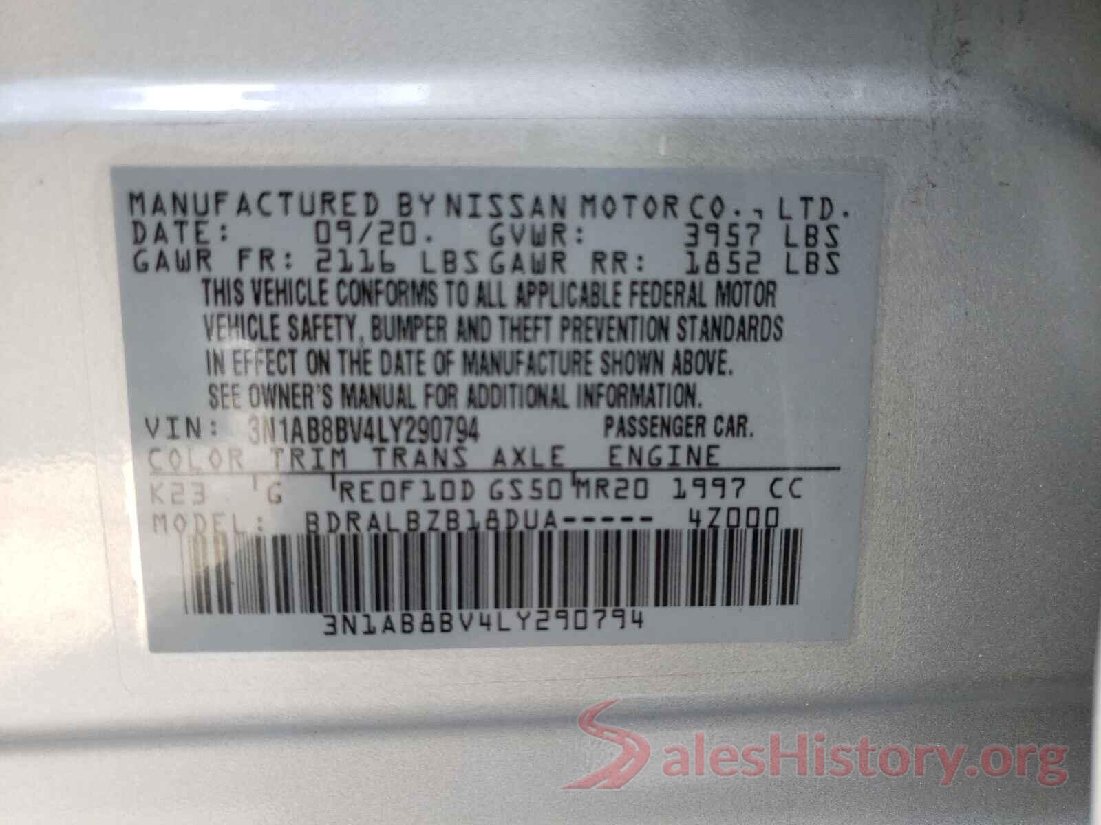 3N1AB8BV4LY290794 2020 NISSAN SENTRA