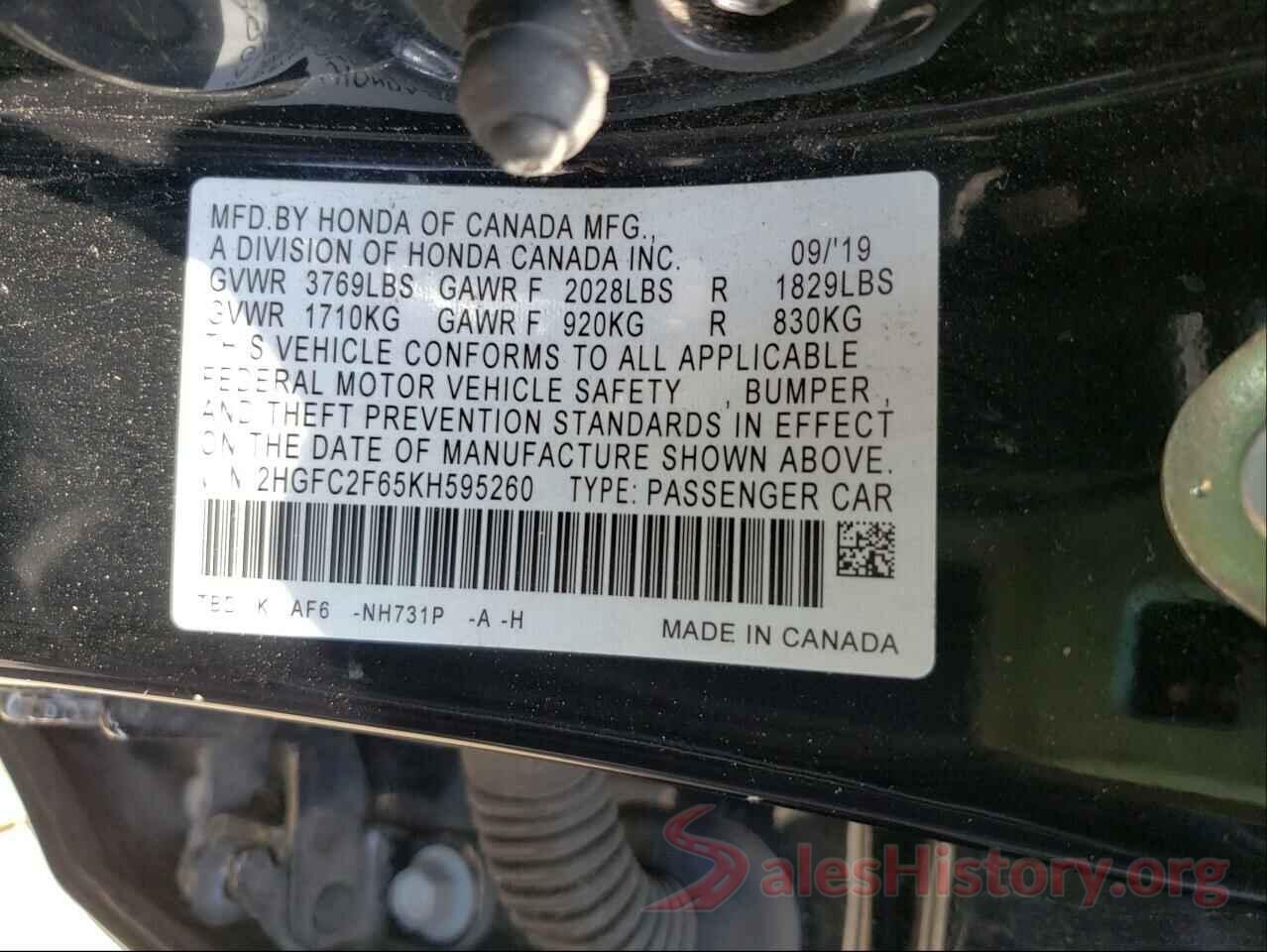 2HGFC2F65KH595260 2019 HONDA CIVIC